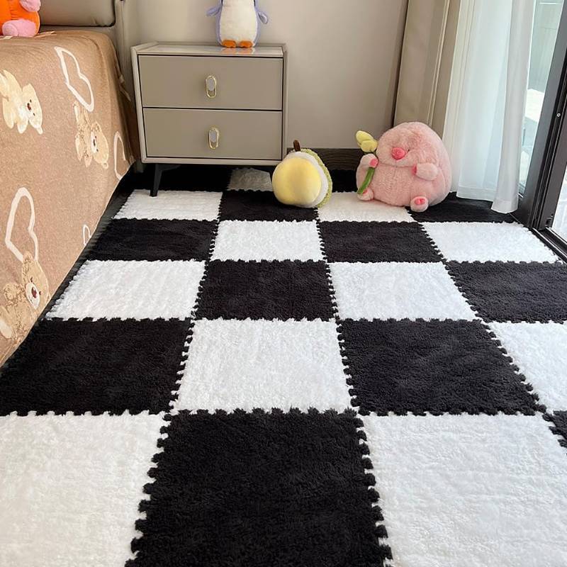 lot 43688 image: 12pcs Carpet Squares Puzzle Floor Mat, Plush Interlocking Carpet Tiles, Anti Slip EVA Foam Jigsaw Floor Tiles, Build A Safe Area for Bedroom Playroom (WhiteBlack) - Retail $29