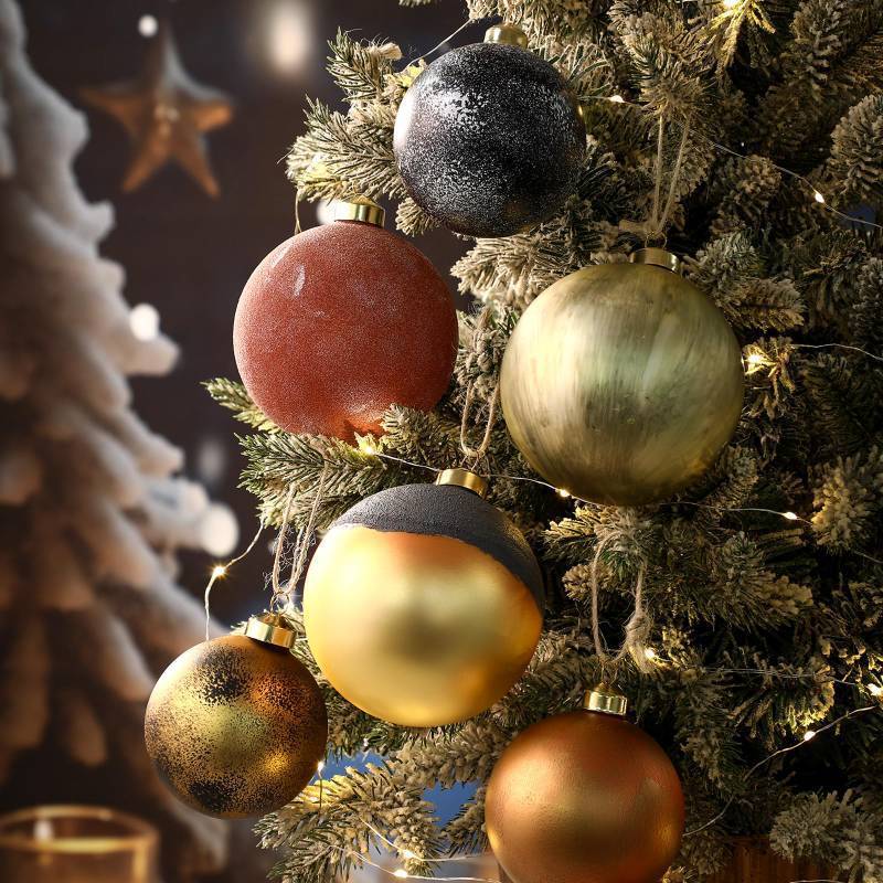 lot 43691 image: Vintage Copper Glass Christmas Ornaments 6 Pcs 4 in 3 in Large Textured Brown Ball Ornaments Neutral Xmas Tree Decor Antique Tabletop Balls with Hanging Rope for Winter Holiday - Retail $15