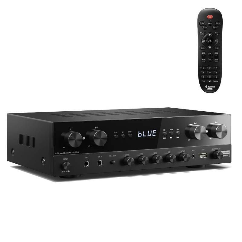 lot 43695 image: Donner Stereo Receivers Home Audio Amplifier, Premium 1000W Peak Power 4 Channel Amplifier with Bluetooth 5.0, USB, FM, 2 Mic-in, Echo, RCA, OpticalCoaxial Input for Home, Karaoke, Theater Speakers - Retail $150