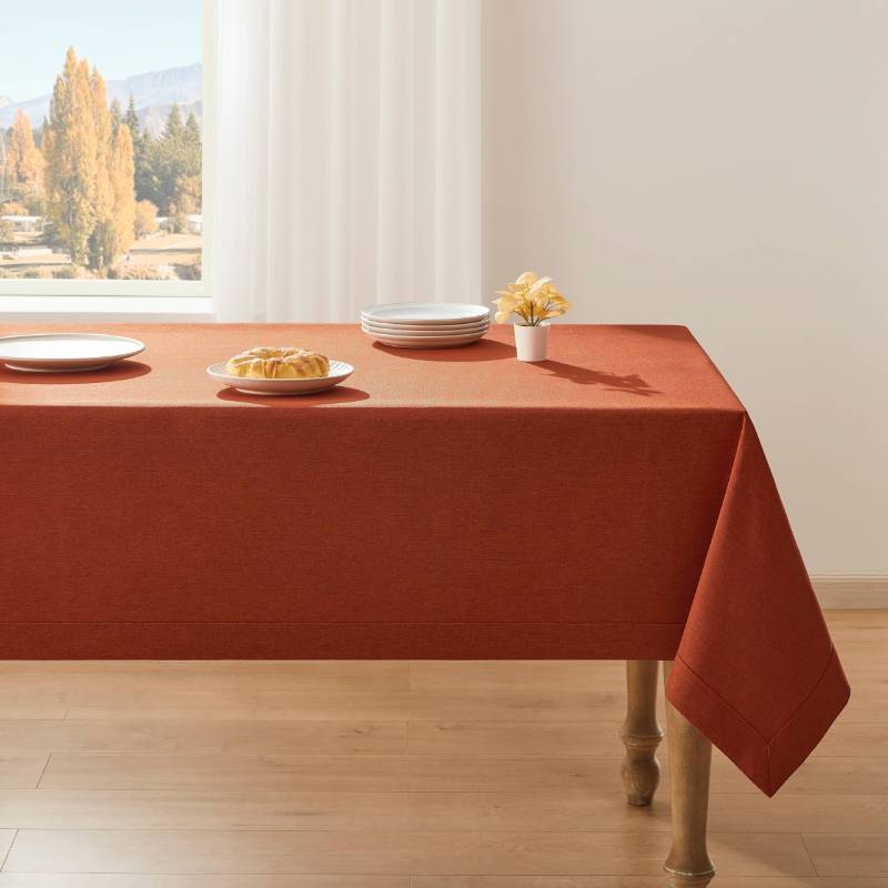 lot 43699 image: Basic Linen Textured Table Cloth, 60 x 60 Inch Dark Orange, Farmhouse Style Burnt Orange Square Tablecloth, Wrinkle Resistant Washable Heavy Weight Tablecloths - Retail $40