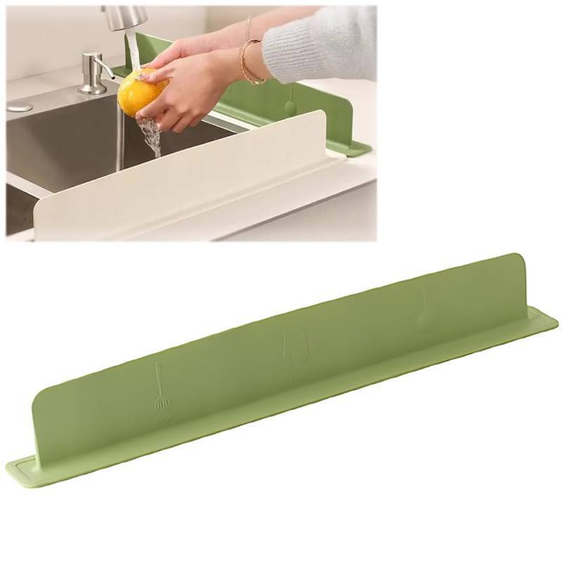 lot 43714 image: Silicone Sink Splash Guard, 2025 New Silicone Sink Water Retaining Board for Kitchen, Portable Water Retaining Strip Reusable Water Splash Guard for Bathroom Countertop (Silicone, Green) - Retail $17