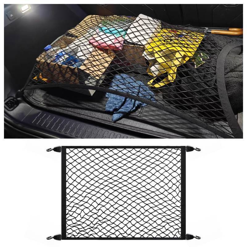 lot 43717 image: Cargo Net for SUV, Upgraded Highly Elastic Truck Cargo Net with Trunk Net Hooks - Stretch to 62.99X47.24,Premium Truck Bed Netting for Cargo for Car Organizer and Storage - Retail $10