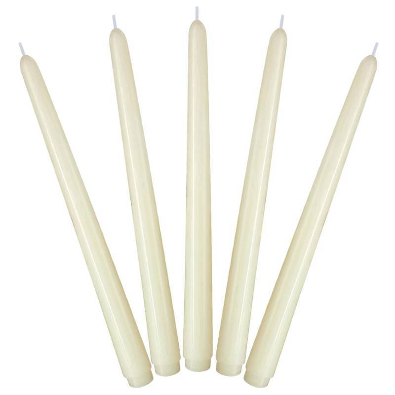 lot 54108 image: Set of 5 Unscented Ivory Taper Candles, Skinny 10 Inch Tall Plain Wax Tapered Candlesticks - 8 Hours Burn - Retail $8