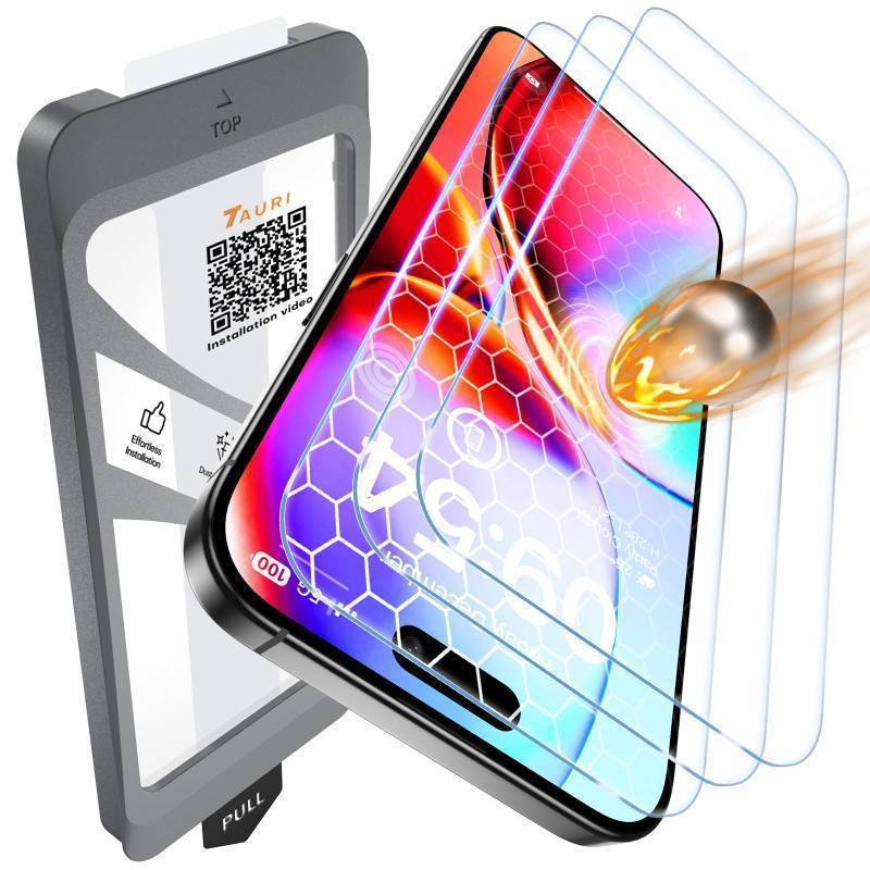 lot 54119 image: 4 in 1 for iPhone 16 Screen Protector, 3 Pack Tempered Glass Film  1 Dust Free Easy Installation Tool, 9H Hardness Bubble Free Micro-curved Edges HD Screen Protector for 16 - Retail $6