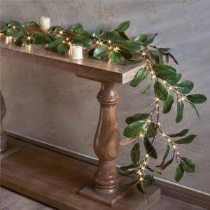 lot 43733 image: Lighted Magnolia Garland Timer 6FT 80 LED Fairy Lights Battery Operated or USB Plug in, Artificial Greenery Vine with Lights for Spring Christmas Holiday Fireplace Decor
