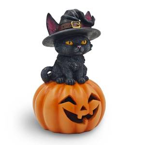 lot 43735 image: Halloween Cat Decorations in Pumpkin 6.1 Indoor Ornament with Witch Hat for Home Office Fireplace Party Ideal Gift for Cat Lovers (Male)