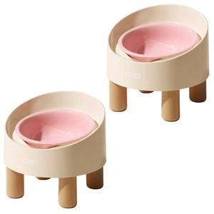 lot 43772 image: Ceramic Elevated Cat Bowls with Wooden Stand Set, Adjustable Raised Pet Bowls for Small Dogs & Cats, Anti - Slip Rubber Pad, Leak - Proof, Lead & Cadmium Free, Whisker - Friendly, Pink - Retail $32
