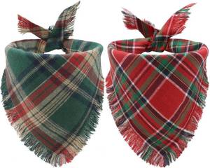 lot 43790 image: 2PCS Christmas Dog Bandanas Plaid Two-Sided with Tassels, Holiday Scarf, Stylish Triangle Dog Outfit for Boy and Girl, Winter Christmas Classic Red-Green Plaid Pet Scarf for Medium to Large Dogs - Retail $9