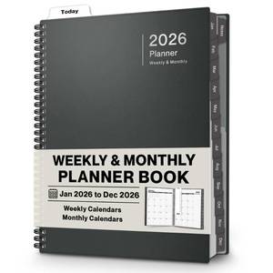 lot 43805 image: 2026 Planner Book 8.5x11, Weekly Monthly Calendar, Jan to Dec, Large Daily Organizer with Laminated Tabs, Bookmark, Notes Section & Stickers - Retail $15