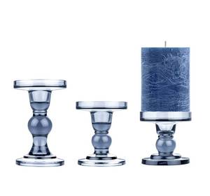 lot 43816 image: Set of 3 Glass Pillar Candle Holder Candlestick Taper Candle Set Crystal Blue Candlesticks Holder for Home Fireplace Table Bath Wedding Decoration - Retail $40