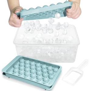 lot 43824 image: Ice Cube Tray with Lid and Bin - Round Ice Trays for Freezer with Lid - Ice Cube Trays for Freezer with Ice Container (1-2PACK Blue) - Retail $18