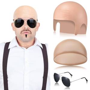 lot 43840 image: 1 Pcs Bald Caps with Glasses Nylon Makeup Latex Bald Head Wig Cap for Men Women Adults Cosplay Party Costume Accessories (12.9 x 7.48 Inch) - Retail $10