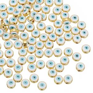 lot 43849 image: 8mm Evil Eye Beads, Flat Round Turkish Evil Eye Charm with Golden Edge Spacer Beads Eyeball Bead for Bracelet DIY Necklace Earrings Making, White - Retail $13