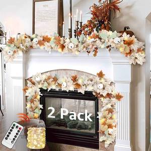 lot 43860 image: Neutral Fall Garland for Mantle Fireplace - 2 Pack 6Ft Outdoor Autumn Leaves Decor for Home Front Door with Pumpkins Indoor Maple for Farmhouse Table Stairs Porch Halloween Thanksgiving Decorations - Retail $26