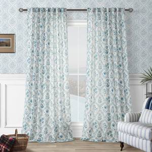 lot 43861 image: Blue Floral 102 Inch Curtains Back Tab Farmhouse Living Dining Room Light Filtering Linen Curtains Blue Flower Plant Pattern Printed Aesthetic Coastal French Country Vintage Drapes 102 Inches Long - Retail $47
