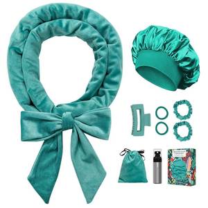 lot 43865 image: No Heat Overnight Curl Headband, 70 Soft Ribbon Wrap for Long Hair, 9 PCS Hair Curling Rods Set - Blue Green - Retail $9