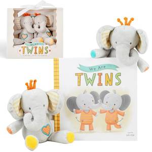 lot 43867 image: Tickle & Main Baby Gift Set for Twins Newborn & Infant - 3-Piece, Multicolor - Rhyming Baby Book for Twins & 2 Plush Elephant Rattles - Gift for Boys & Girls - Retail $28