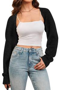 lot 43868 image: 2026 Spring Womens Bolero Shrug Fashion Ribbed Knit Cropped Cardigans Long Sleeves Drop Shoulder Open Front Wool Trendy Sweaters Summer Lightweight Casual Outfits Y2K Clothes Black M - Retail $20