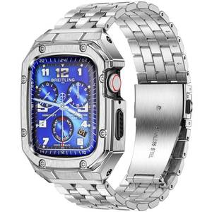 lot 43873 image: Stainless Steel Watch Case with Bands Compatible with Apple Watch Band 45mm, Metal Cover bumper with iWatch Bands for Apple Watch Series 987, Silver - Retail $36