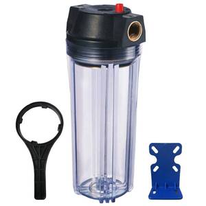 lot 43887 image: Geekpure 10-Inch Whole House Slim Water Filter Housing with Pressure Relief Valve - 34 NPT Brass Port-Fit for 2.5 x 10 Filters-Clear (1) - Retail $28