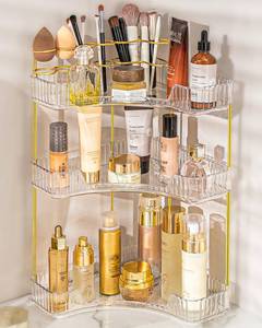 lot 43905 image: NATURES SOURCE Makeup Organizer for Vanity, 3-Tier Corner Bathroom Organizer Countertop with Makeup Brush Holder, Corner Counter Storage for Bathroom, Dresser, Kitchen - Retail $27