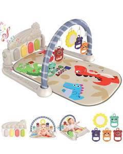 lot 43907 image: Baby Gym Play Mat with 4-Key Musical Piano Interactive Activity Center with Hanging Toys for Infants and Toddlers (Blue-Grey Dino Style) - Retail $25