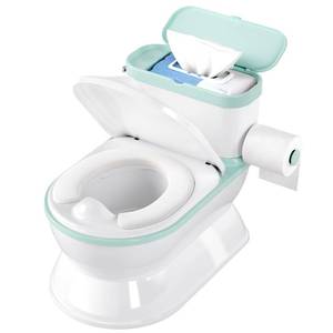 lot 43908 image: 2-in-1 Toddler Potty Training Toilet - Larger Potty Chair & Detachable Training Seat for Boys & Girls Ages 1-3 with Flushing Sound, Wipes Storage, Toilet Paper Holder - Cyan - Retail $40