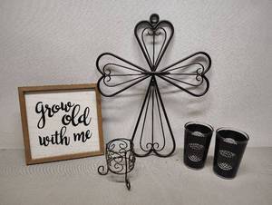 lot 407 image: Metal Cross Candle Holder for Wall Hang 3 Table Candle Holders and Grow Old With Me Wall Decor