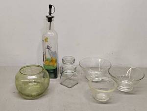 lot 433 image: Glass Dishes and Olive Oil Bottle