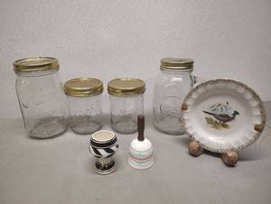 lot 444 image: Canning Jars with Lids Pheasant Plate with Holder and other items
