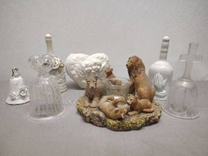lot 463 image: Collection of Bells and Lion candle holder with Cherub Ceramic Heart Shaped Decor