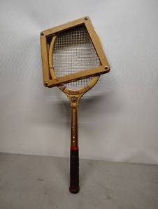 lot 500 image: vintage Viking Slazenger Mona wooden tennis racket complete with a wooden racket press.