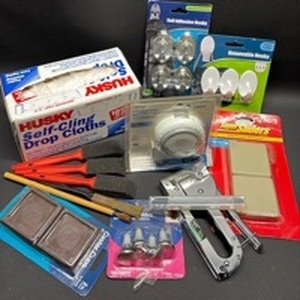 lot 140 image: Handy Home Improvement Items including Self Cling Drop cloths and Glass Cutter
