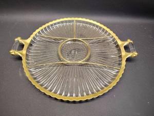 lot 9 image: Vintage Jeannette Glass Co. (National Pattern) Clear Glass ServingRelish Tray with 22K Gold Trim