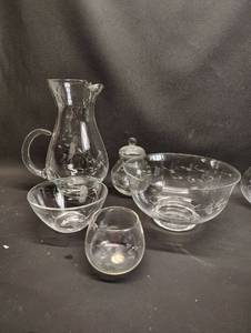 lot 37 image: Princess House Heritage 10 Inch Pitcher with 8 Inch and 5 Inch Bowls Jar with Lid and Stemless Glass