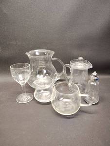 lot 38 image: Princess House Heritage Sugar and Creamer, 6 Inch Pitcher, Stemless Wine Glass & Salt Shaker