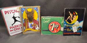 lot 50 image: (4)12 by 8 inch Metal Signs