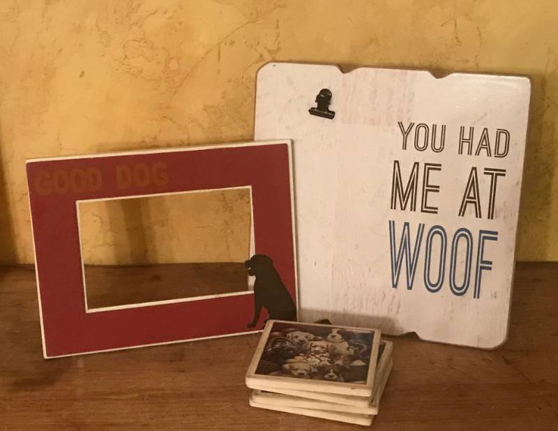lot 94 image: You had me at WOOF--frames and dog coasters