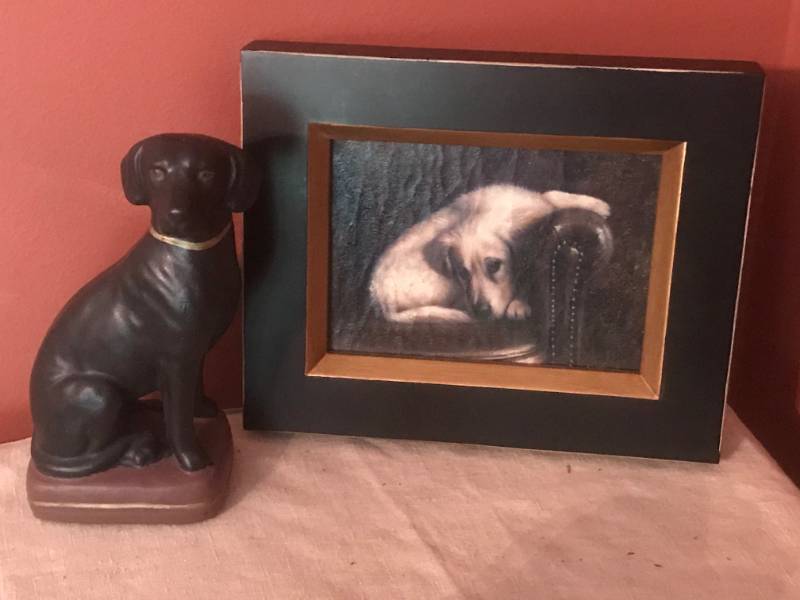 lot 100 image: Framed Dog Wall Dcor and Black Dog Statue