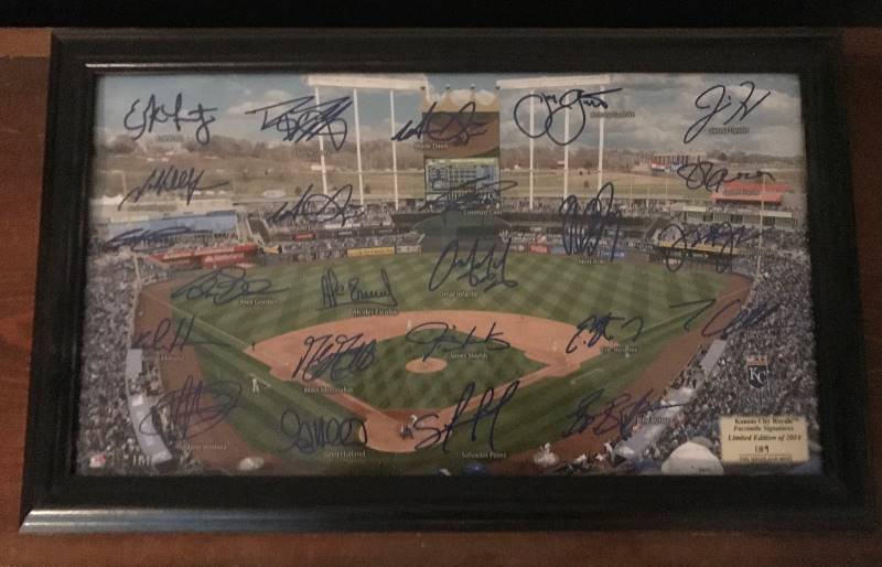 lot 128 image: Limited Edition of 2014 #139 Framed photo of Kansas City Royals Stadium with players facsimile signatures