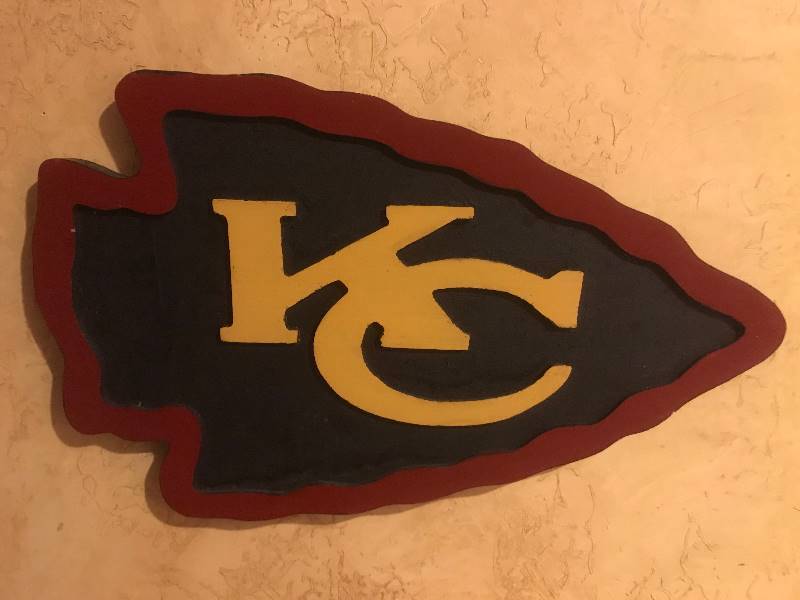 lot 141 image: Kansas City Chiefs Football Arrowhead made from wood