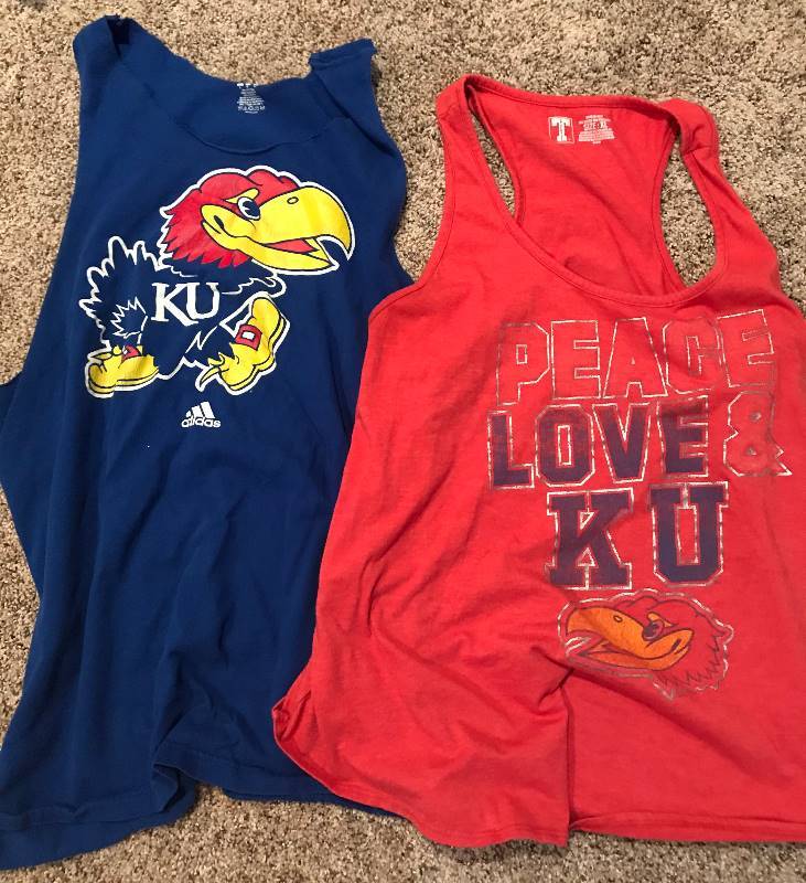 lot 188 image: Set of 2 tank top t-shirts-Kansas University (KU) Jayhawk-Large and XLarge