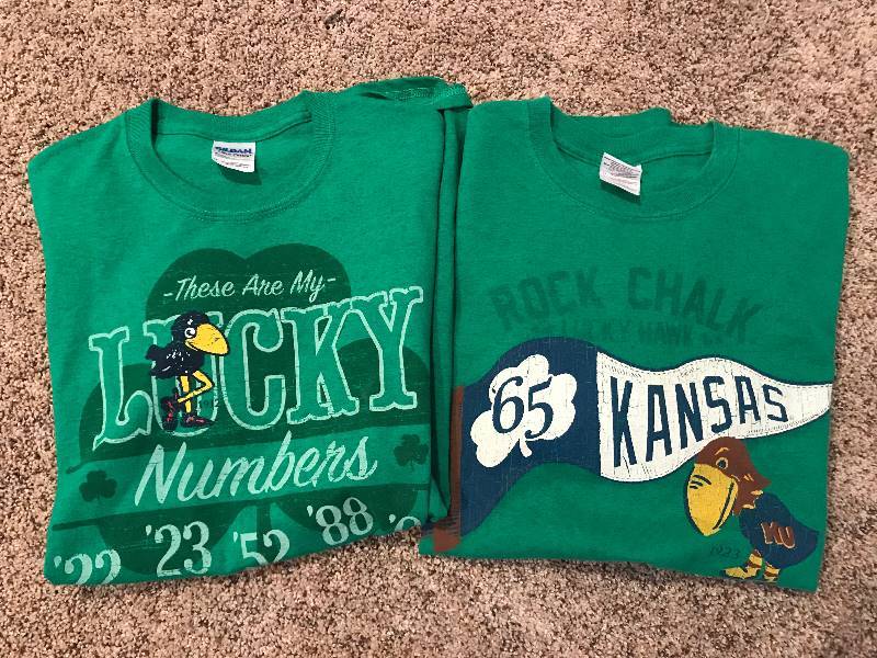 lot 189 image: Set of 2 green t-shirts-Kansas University (KU) Jayhawk-Medium