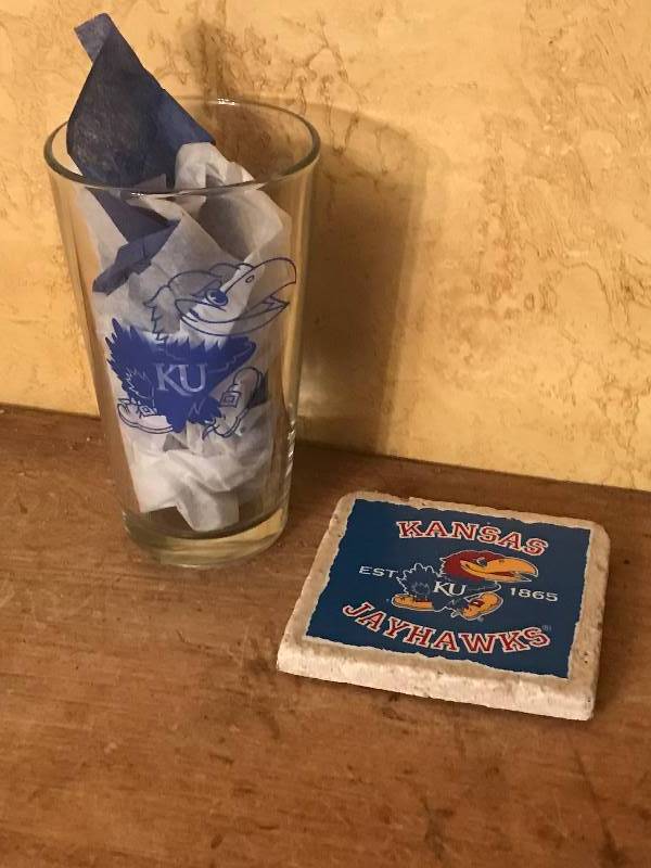 lot 190 image: Kansas University (KU) Jayhawk Beer glass and coaster