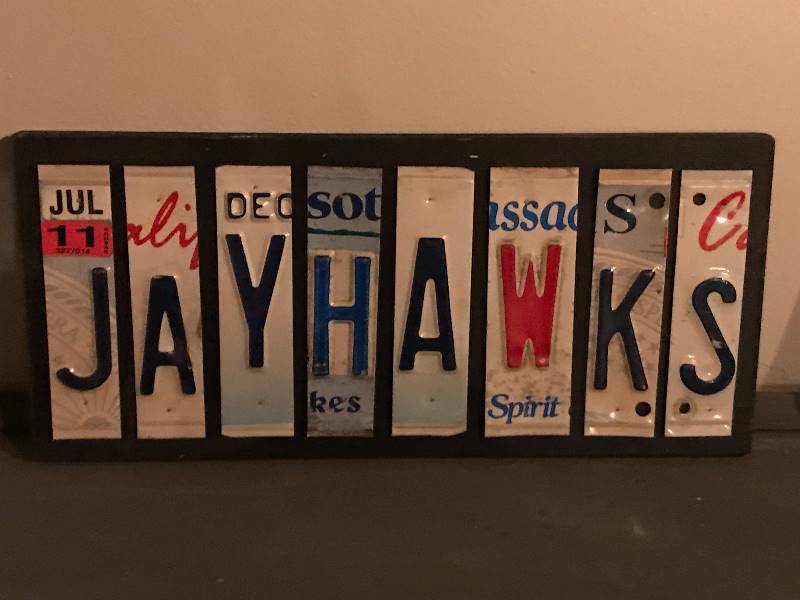 lot 191 image: Kansas University (KU) Jayhawk wall dcor made out of license plates