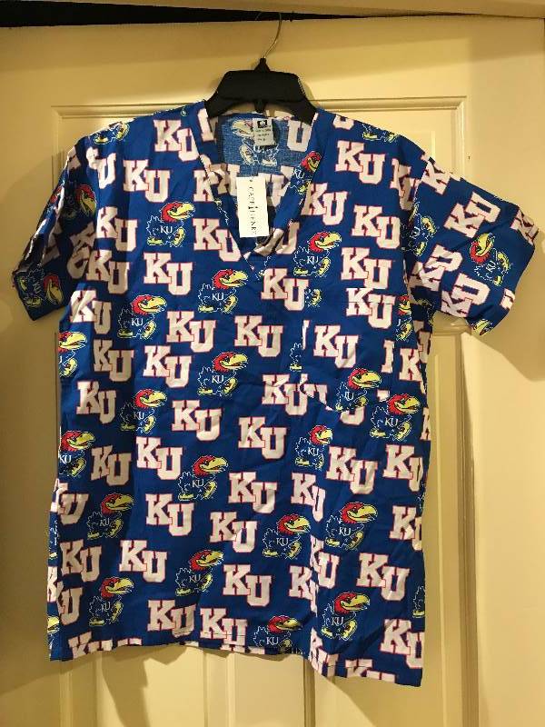 lot 195 image: Kansas University (KU) Jayhawk Scrub top Size Small (new with tags)