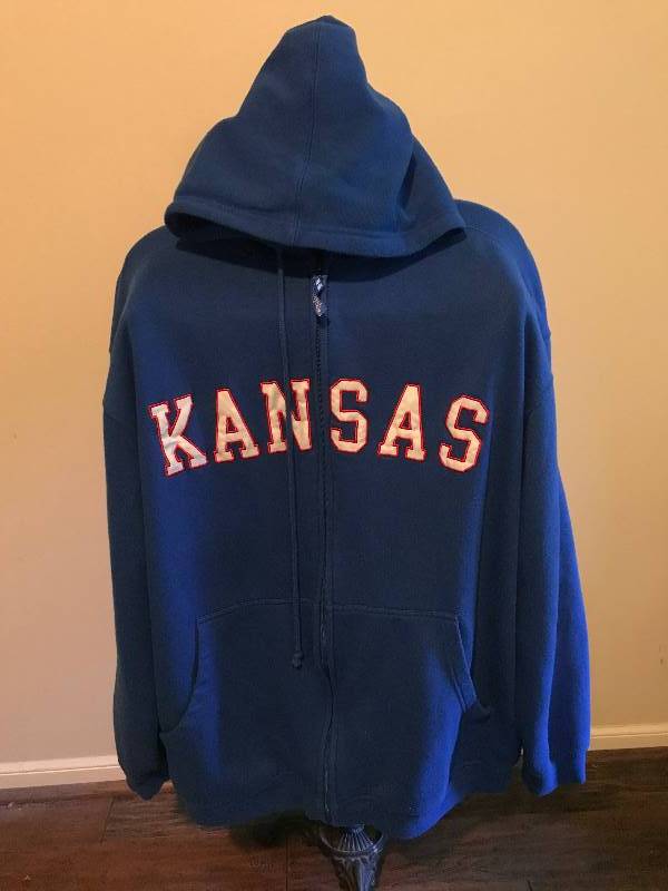 lot 198 image: Russell Hooded zipper sweatshirt Kansas University (KU) Jayhawk sweatshirt-2XL