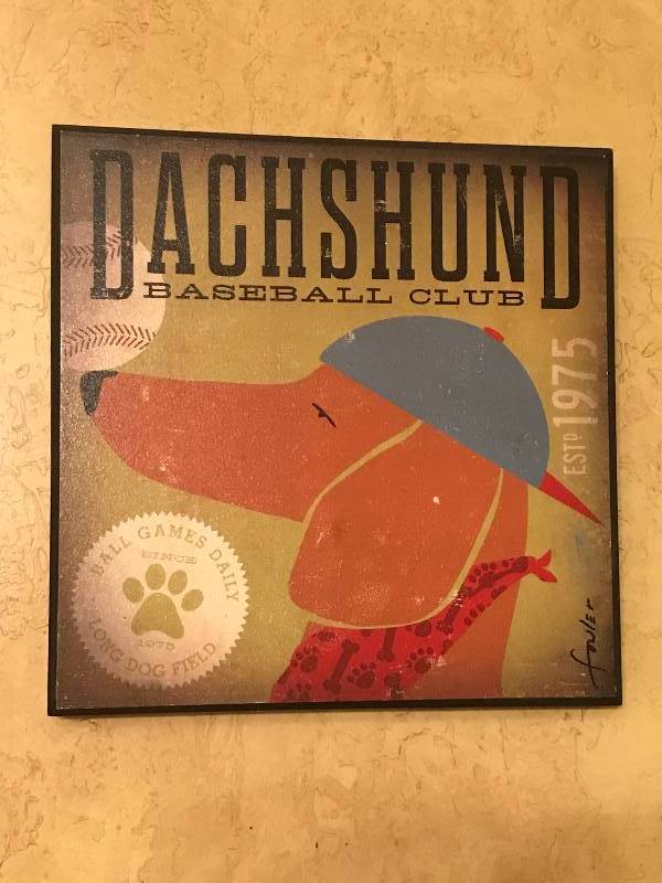 lot 212 image: Dachshund Baseball Club by Stephen Fowler�Wood Wall Art