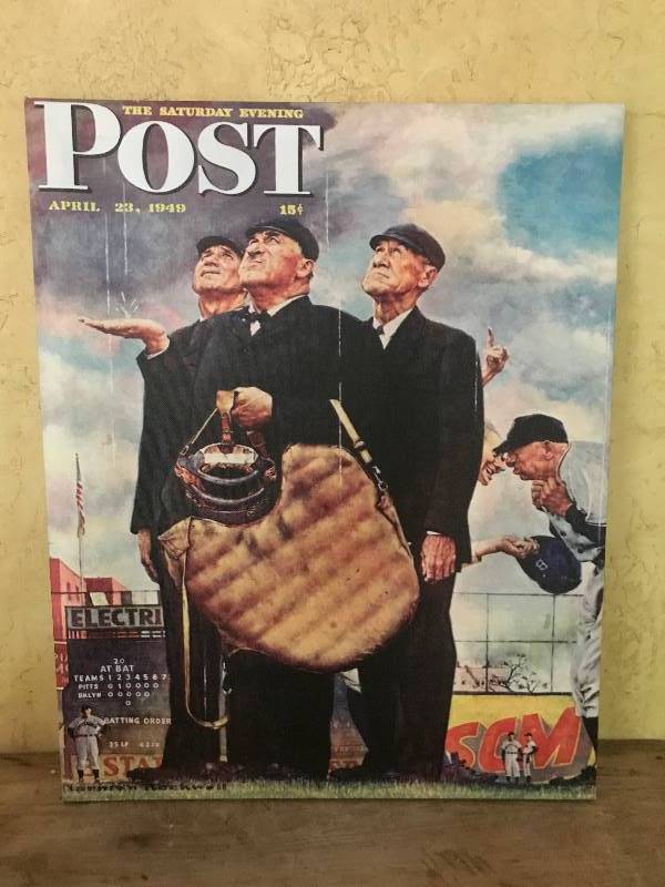 lot 230 image: Wrapped Canvas Wall Dcor of Norman Rockwells Saturday Evening Post Game Called Because of Rain, Three Umpires