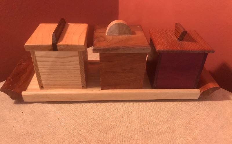 lot 241 image: Handmade wood tray with boxes (and lids)